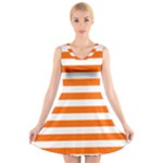 Horizontal Stripes - White and Safety Orange V-Neck Sleeveless Dress