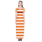 Horizontal Stripes - White and Safety Orange Short Sleeve Maxi Dress