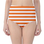 Horizontal Stripes - White and Safety Orange High-Waist Bikini Bottoms