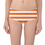 Horizontal Stripes - White and Safety Orange Mid-Waist Bikini Bottoms
