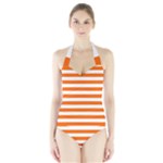 Horizontal Stripes - White and Safety Orange Women s Halter One Piece Swimsuit