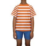 Horizontal Stripes - White and Safety Orange Kid s Short Sleeve Swimwear