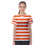 Horizontal Stripes - White and Tangelo Orange Women s Sport Mesh Tee