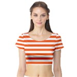 Horizontal Stripes - White and Tangelo Orange Short Sleeve Crop Top (Tight Fit)