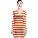 Horizontal Stripes - White and Tangelo Orange Long Sleeve Bodycon Dress