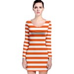 Horizontal Stripes - White and Tangelo Orange Long Sleeve Velvet Bodycon Dress