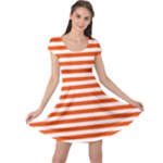Horizontal Stripes - White and Tangelo Orange Cap Sleeve Dress