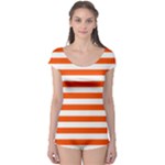 Horizontal Stripes - White and Tangelo Orange Boyleg Leotard (Ladies)
