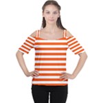 Horizontal Stripes - White and Tangelo Orange Women s Cutout Shoulder Tee