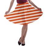 Horizontal Stripes - White and Tangelo Orange A-line Skater Skirt