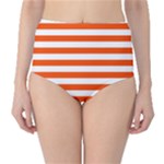 Horizontal Stripes - White and Tangelo Orange High-Waist Bikini Bottoms