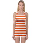 Horizontal Stripes - White and Tangelo Orange One Piece Boyleg Swimsuit