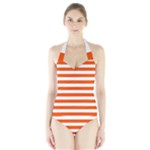 Horizontal Stripes - White and Tangelo Orange Women s Halter One Piece Swimsuit