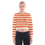 Horizontal Stripes - White and Tangelo Orange Women s Cropped Sweatshirt