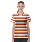 Horizontal Stripes - White and Burnt Orange Women s Sport Mesh Tee