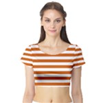 Horizontal Stripes - White and Burnt Orange Short Sleeve Crop Top (Tight Fit)