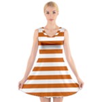 Horizontal Stripes - White and Burnt Orange V-Neck Sleeveless Dress