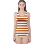 Horizontal Stripes - White and Burnt Orange One Piece Swimsuit