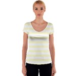 Horizontal Stripes - White and Cream Yellow Women s V-Neck Cap Sleeve Top