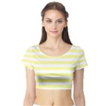 Horizontal Stripes - White and Pastel Yellow Short Sleeve Crop Top (Tight Fit)
