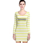 Horizontal Stripes - White and Pastel Yellow Long Sleeve Velvet Bodycon Dress