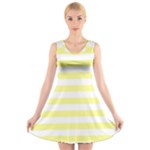 Horizontal Stripes - White and Pastel Yellow V-Neck Sleeveless Dress