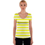 Horizontal Stripes - White and Yellow Women s V-Neck Cap Sleeve Top