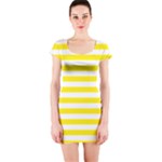 Horizontal Stripes - White and Canary Yellow Short Sleeve Bodycon Dress