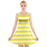 Horizontal Stripes - White and Canary Yellow V-Neck Sleeveless Dress