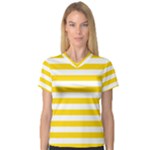 Horizontal Stripes - White and Gold Yellow Women s V-Neck Sport Mesh Tee