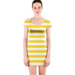Horizontal Stripes - White and Gold Yellow Short Sleeve Bodycon Dress