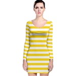 Horizontal Stripes - White and Gold Yellow Long Sleeve Velvet Bodycon Dress
