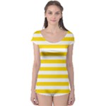 Horizontal Stripes - White and Gold Yellow Boyleg Leotard (Ladies)