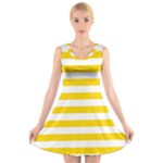 Horizontal Stripes - White and Gold Yellow V-Neck Sleeveless Dress