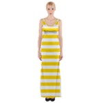 Horizontal Stripes - White and Gold Yellow Maxi Thigh Split Dress