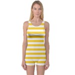 Horizontal Stripes - White and Banana Yellow One Piece Boyleg Swimsuit