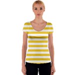 Horizontal Stripes - White and Deep Lemon Yellow Women s V-Neck Cap Sleeve Top