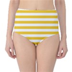Horizontal Stripes - White and Deep Lemon Yellow High-Waist Bikini Bottoms