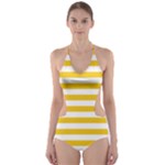 Horizontal Stripes - White and Deep Lemon Yellow Cut-Out One Piece Swimsuit