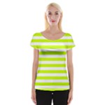 Horizontal Stripes - White and Fluorescent Yellow Women s Cap Sleeve Top