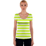 Horizontal Stripes - White and Fluorescent Yellow Women s V-Neck Cap Sleeve Top