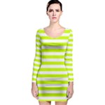 Horizontal Stripes - White and Fluorescent Yellow Long Sleeve Bodycon Dress