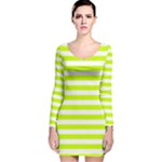 Horizontal Stripes - White and Fluorescent Yellow Long Sleeve Velvet Bodycon Dress