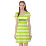 Horizontal Stripes - White and Fluorescent Yellow Short Sleeve Skater Dress