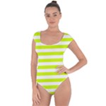 Horizontal Stripes - White and Fluorescent Yellow Short Sleeve Leotard (Ladies)