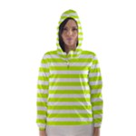 Horizontal Stripes - White and Fluorescent Yellow Hooded Wind Breaker (Women)