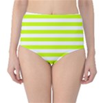 Horizontal Stripes - White and Fluorescent Yellow High-Waist Bikini Bottoms
