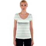 Horizontal Stripes - White and Pale Green Women s V-Neck Cap Sleeve Top