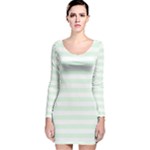 Horizontal Stripes - White and Pale Green Long Sleeve Velvet Bodycon Dress