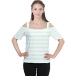 Horizontal Stripes - White and Pale Green Women s Cutout Shoulder Tee